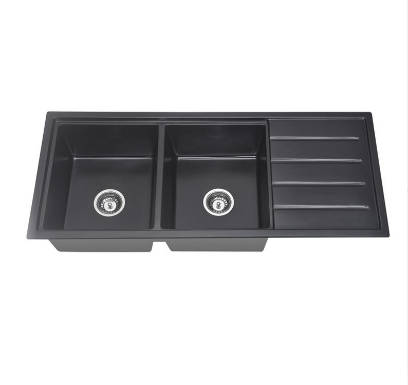 LUX Black Stone Sink 1140 Dual Bowl With Drainer