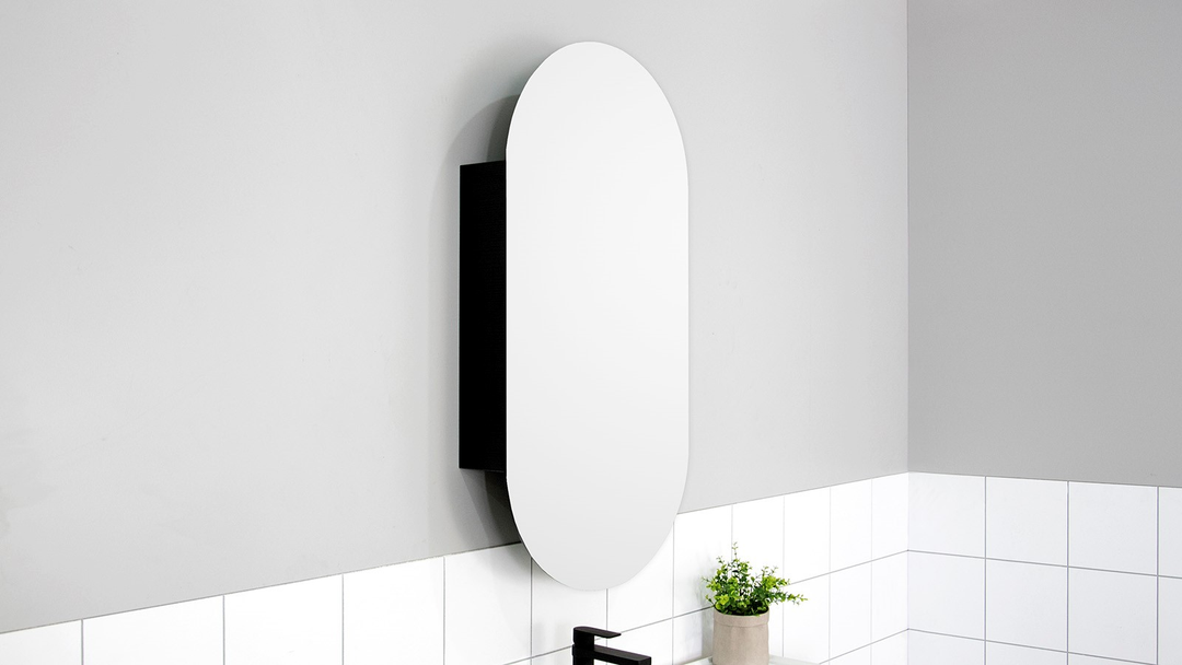 Pill Mirrored Cabinets - Woodgrain Cabinet Finish