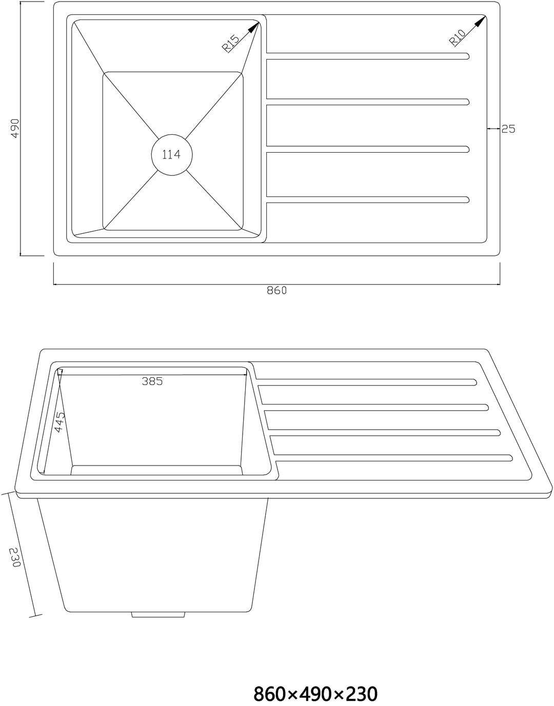 LUX Black Stone Sink 860 With Drainer