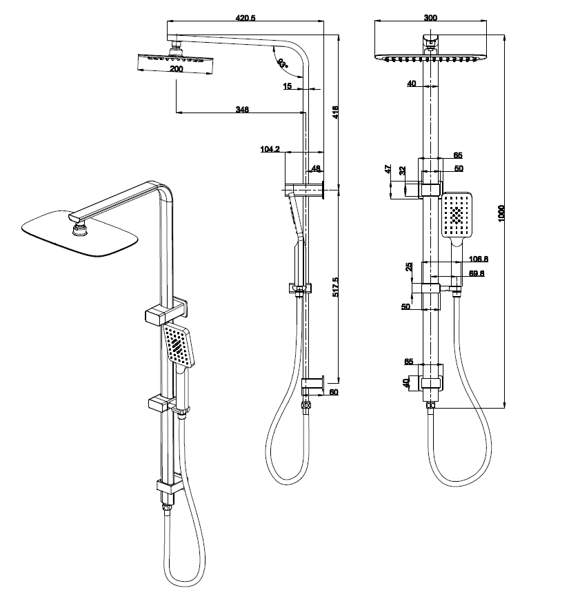 Essence Black Square Shower & 300mm Rain on Rail